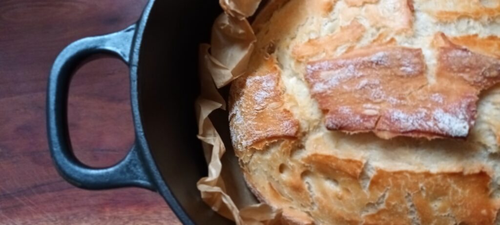 A round loaf of rustic homemade bread with a golden-brown crust inside a black cast iron Dutch oven