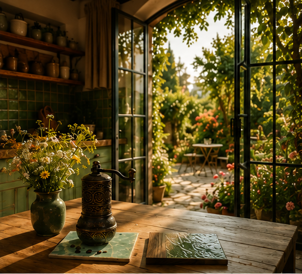 Antique Turkish hand coffee & spice grinder styled beside handmade green tiles, solid oak textures, and sunlit French doors in a romantic Mediterranean-inspired kitchen interior.