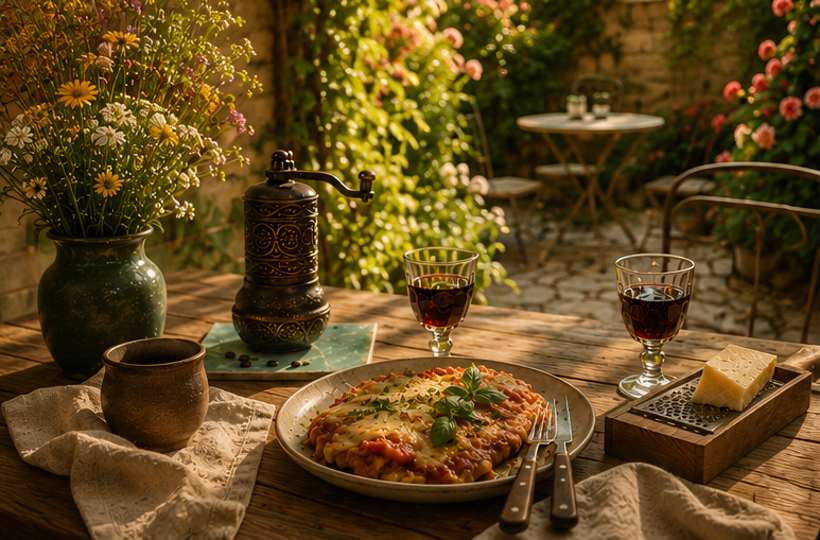 Outdoor garden dining table with parmigiana, red wine glasses, flowers, and antique Turkish grinder.