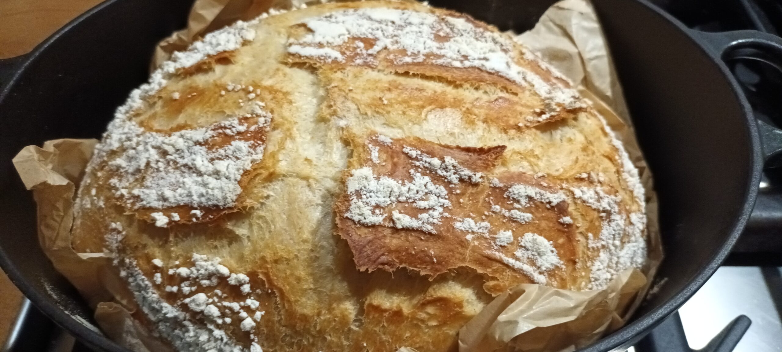 A loaf of golden crusty bread made from no-knead dough. Homemade bread recipe, quick dinner idea.